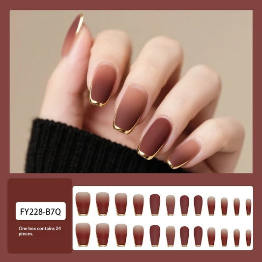 Uñas Postizas españolas Marrón Degradado con Borde Dorado – 24 Uñas